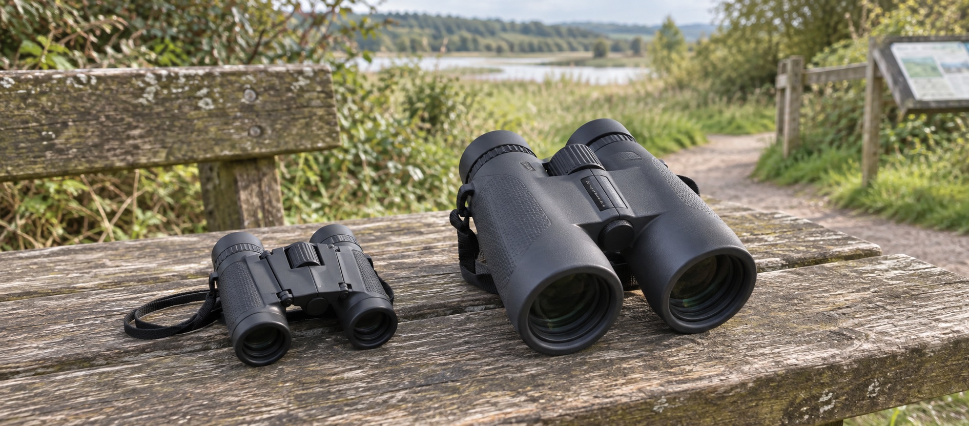 A pocket-sized and a full-size binocular side by side on a nature-reserve bench