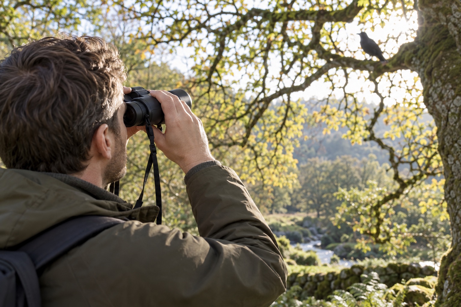 Binoculars used to view a bird against bright backlit woodland