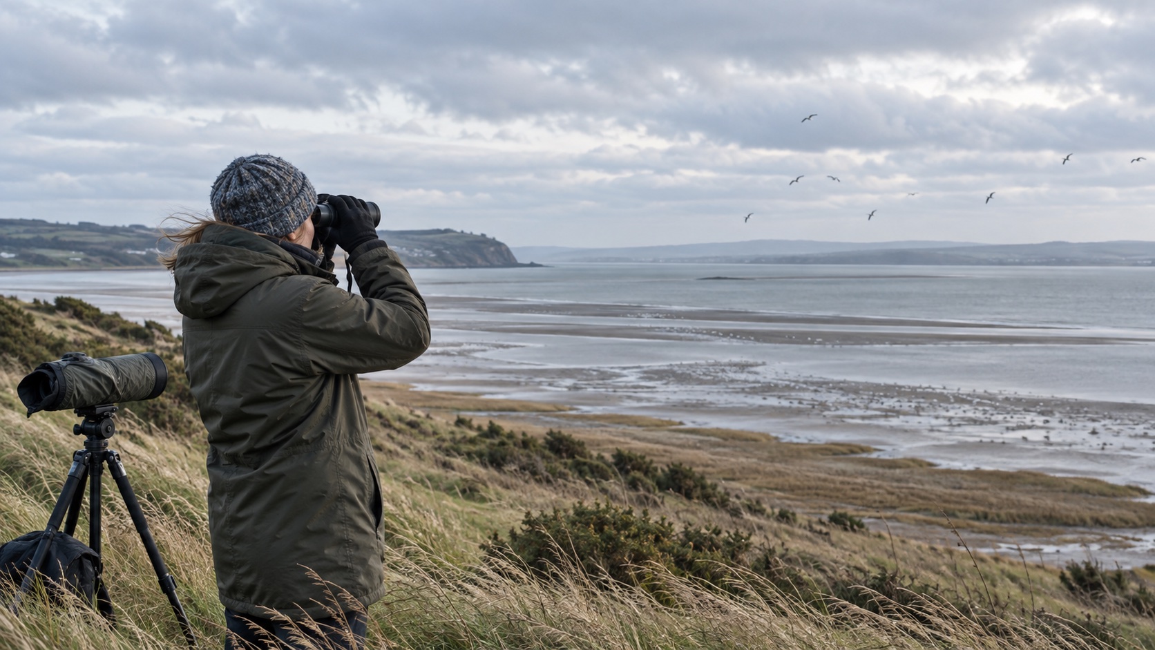 An observer using binoculars over a broad British estuary