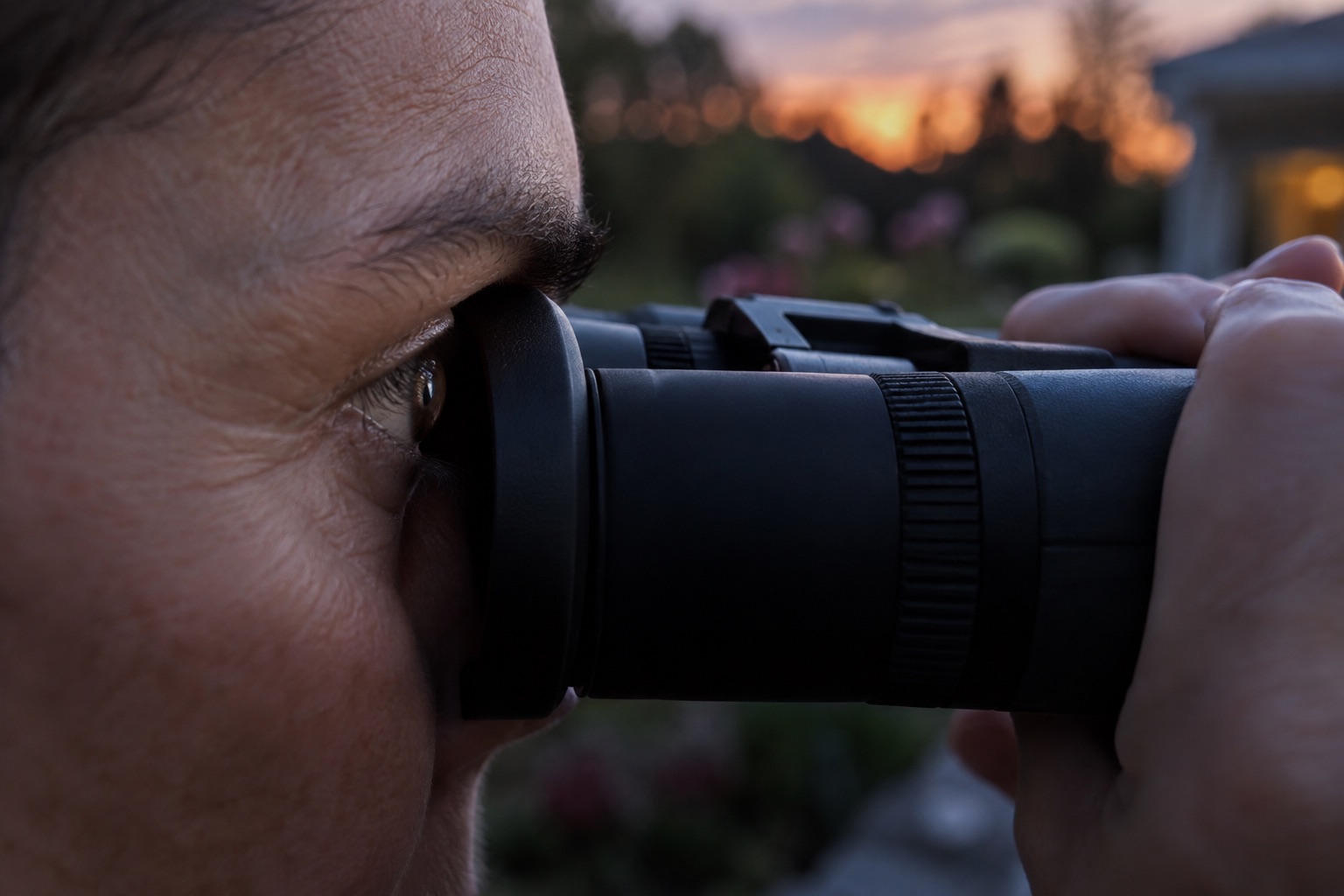 Close view of an observer aligning an eye with a binocular eyecup at dusk