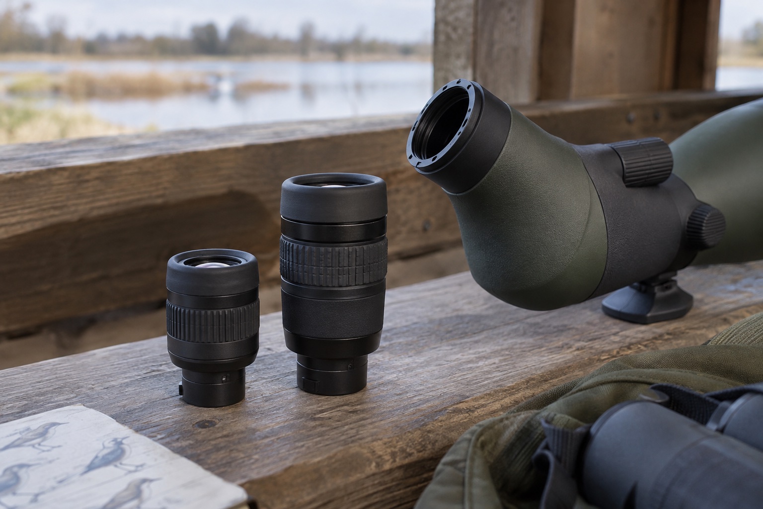Two different removable unbranded scope eyepieces beside an angled spotting scope