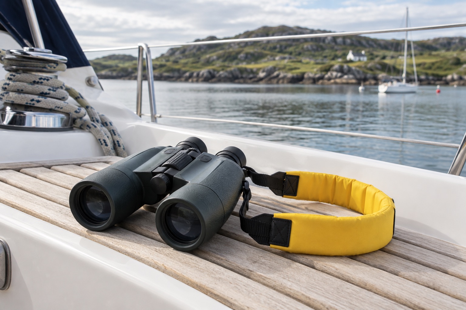 High-visibility floating strap attached to unbranded marine binoculars on a dry boat cockpit