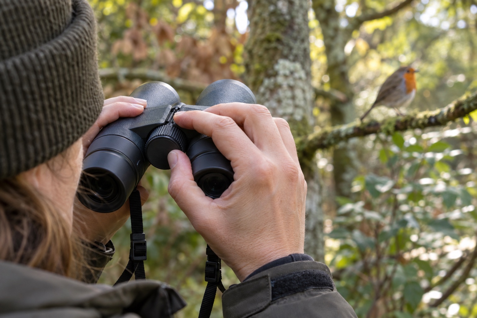 Observer turning the centre focus wheel while watching a woodland bird