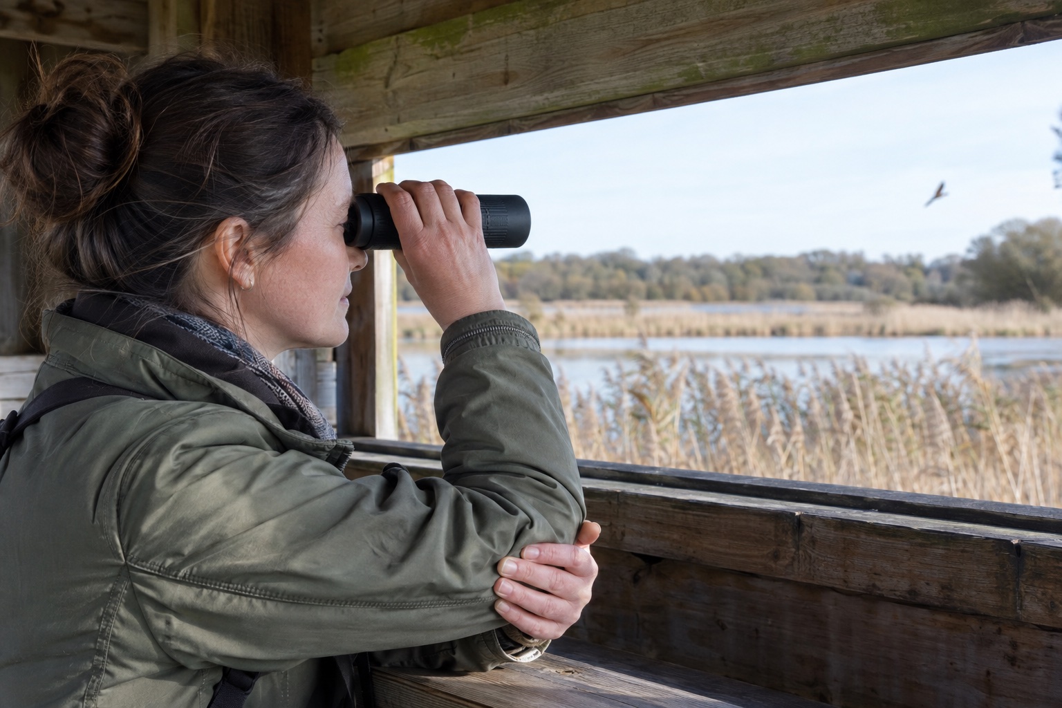 Observer raising a single-barrel monocular to one eye in a British bird hide