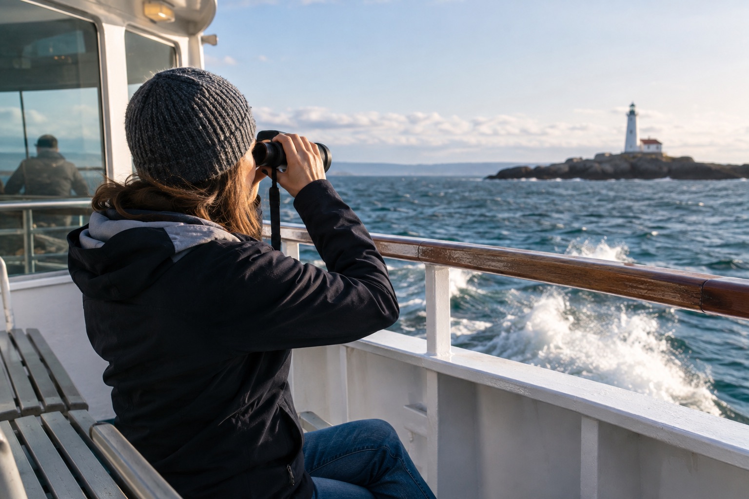 Ferry passenger looking towards a distant lighthouse through binoculars