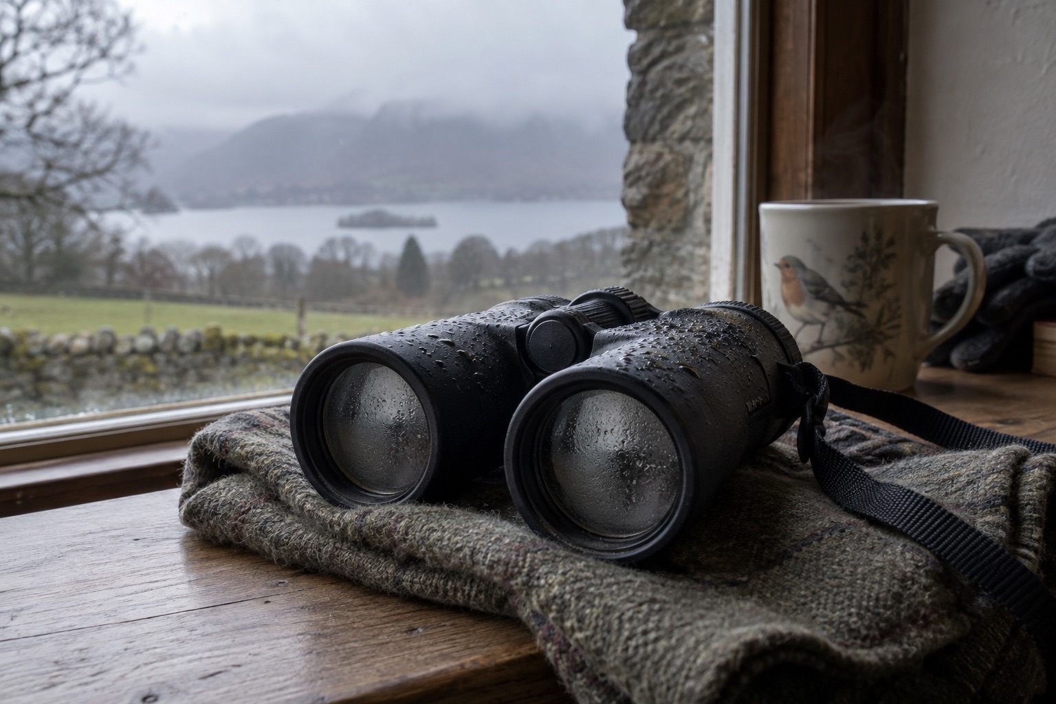 Rain-damp binoculars drying beside a window after a cold nature walk