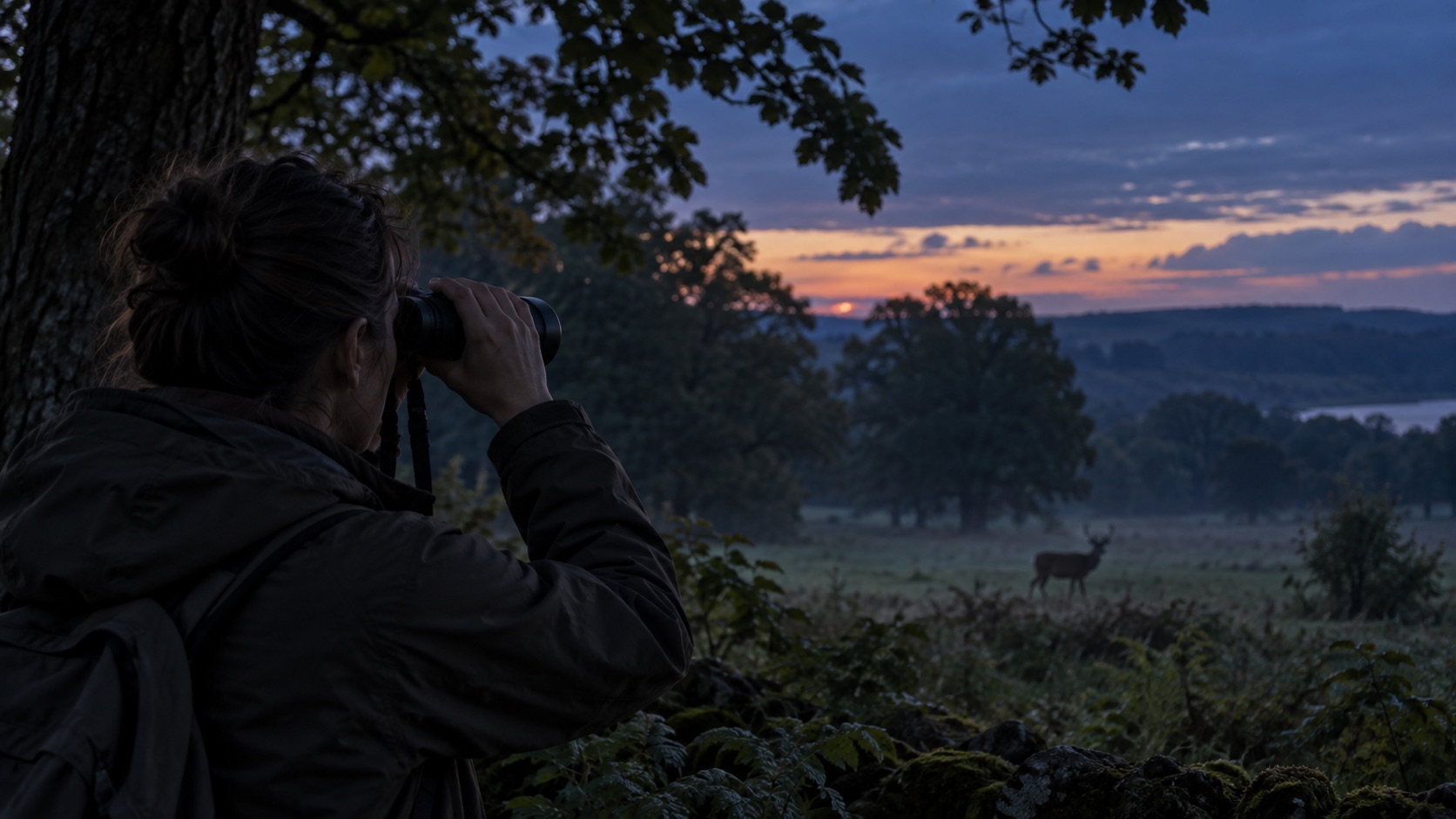 Wildlife watcher using binoculars beside a woodland at blue-hour dusk