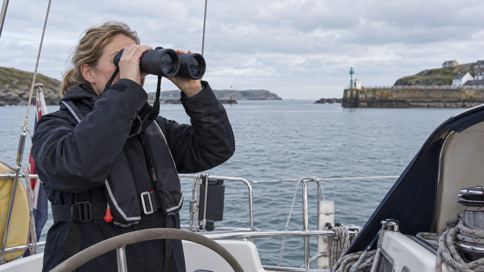 A sailor using large marine binoculars from a yacht cockpit near a harbour
