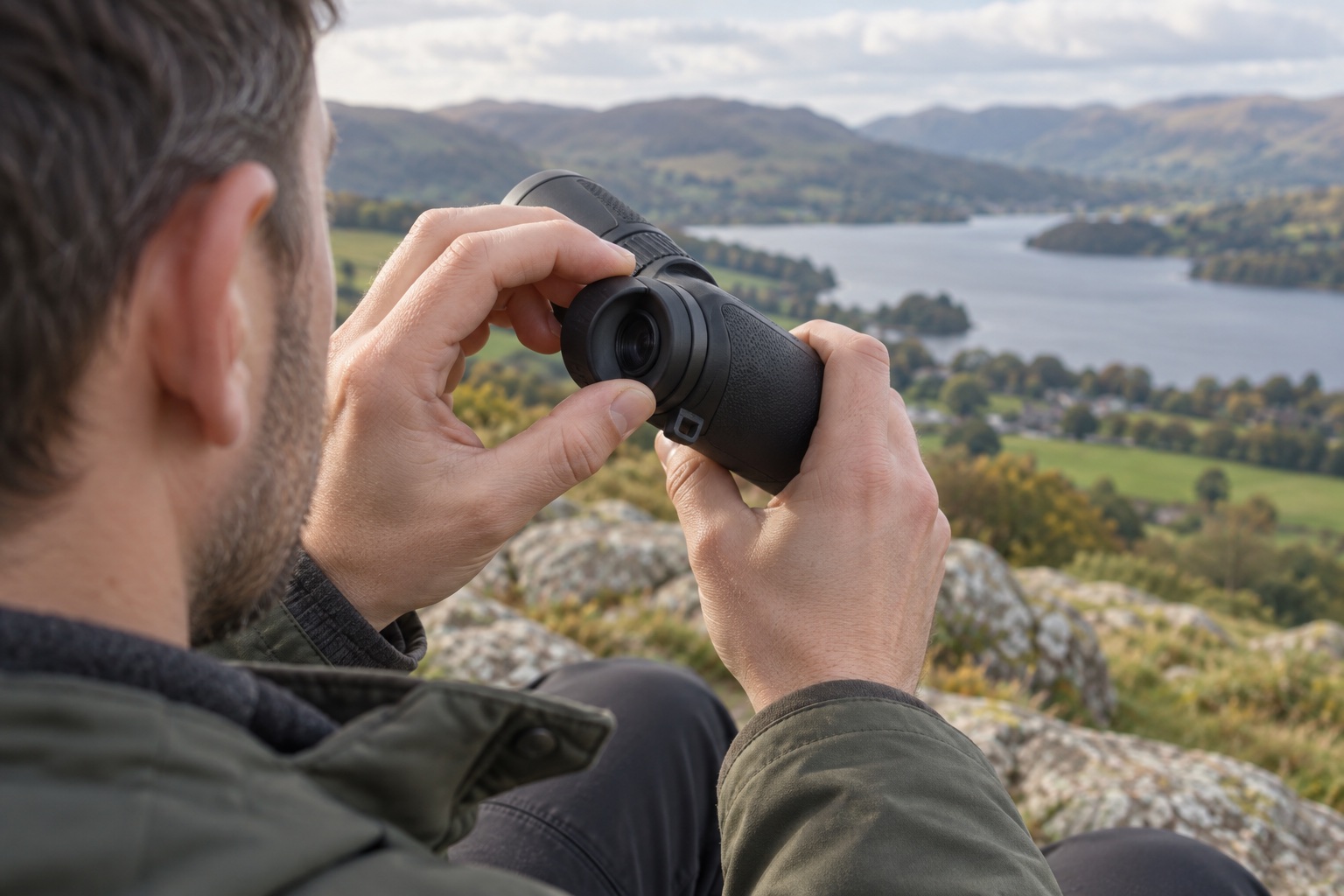 Observer adjusting the rear eyecup of a single-barrel monocular at a viewpoint