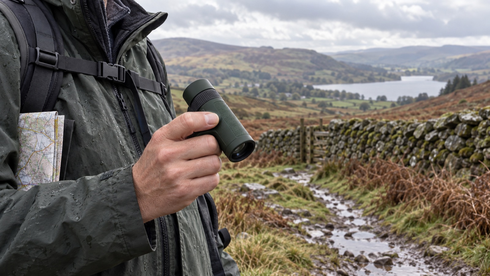 A walker holding a compact unbranded monocular on a damp British hill path