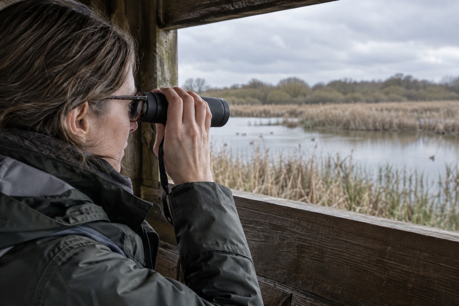 Glasses wearer viewing through a single-barrel monocular in a British wetland hide