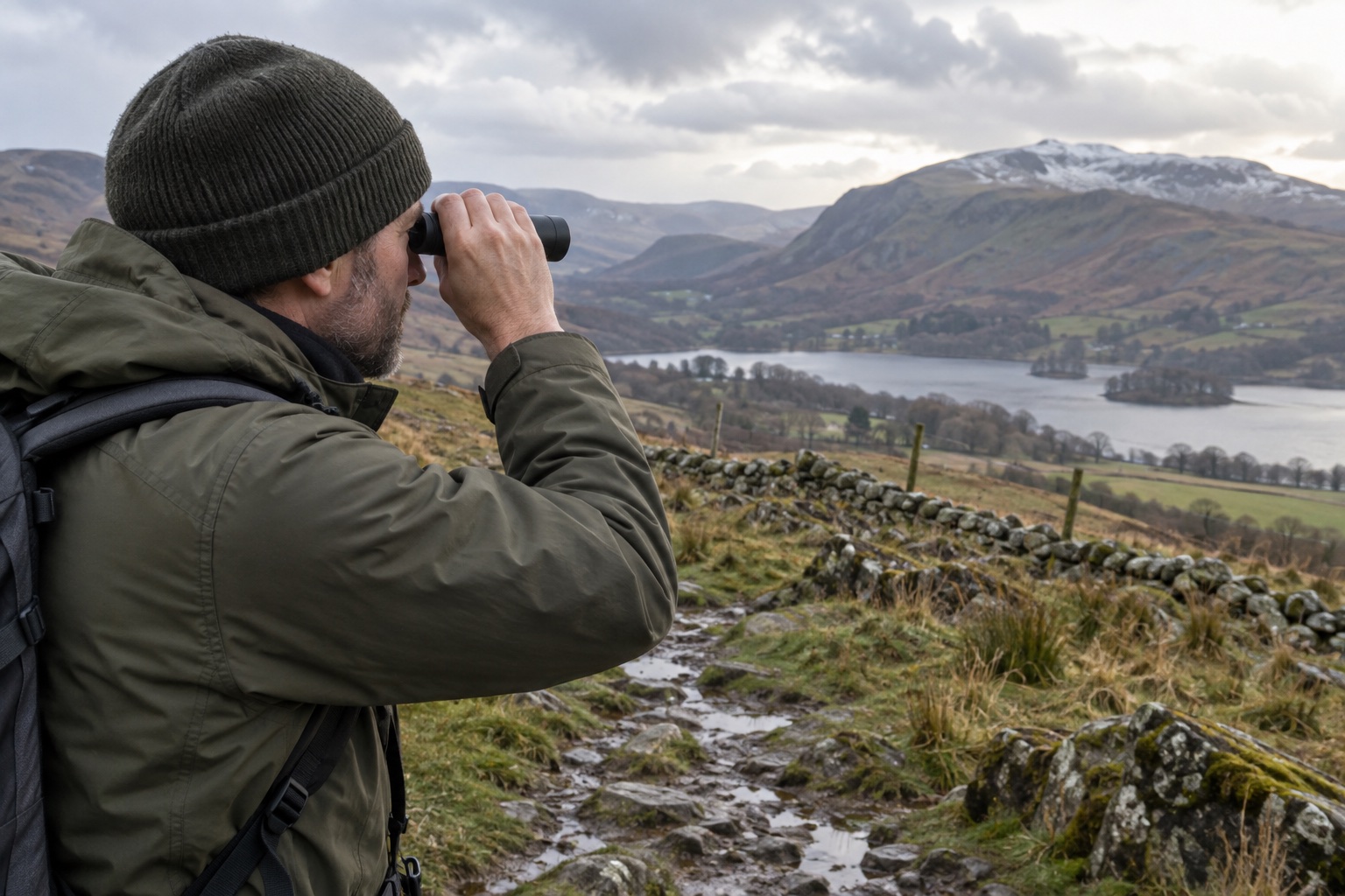 Walker using a small single-barrel monocular on a damp British hill path