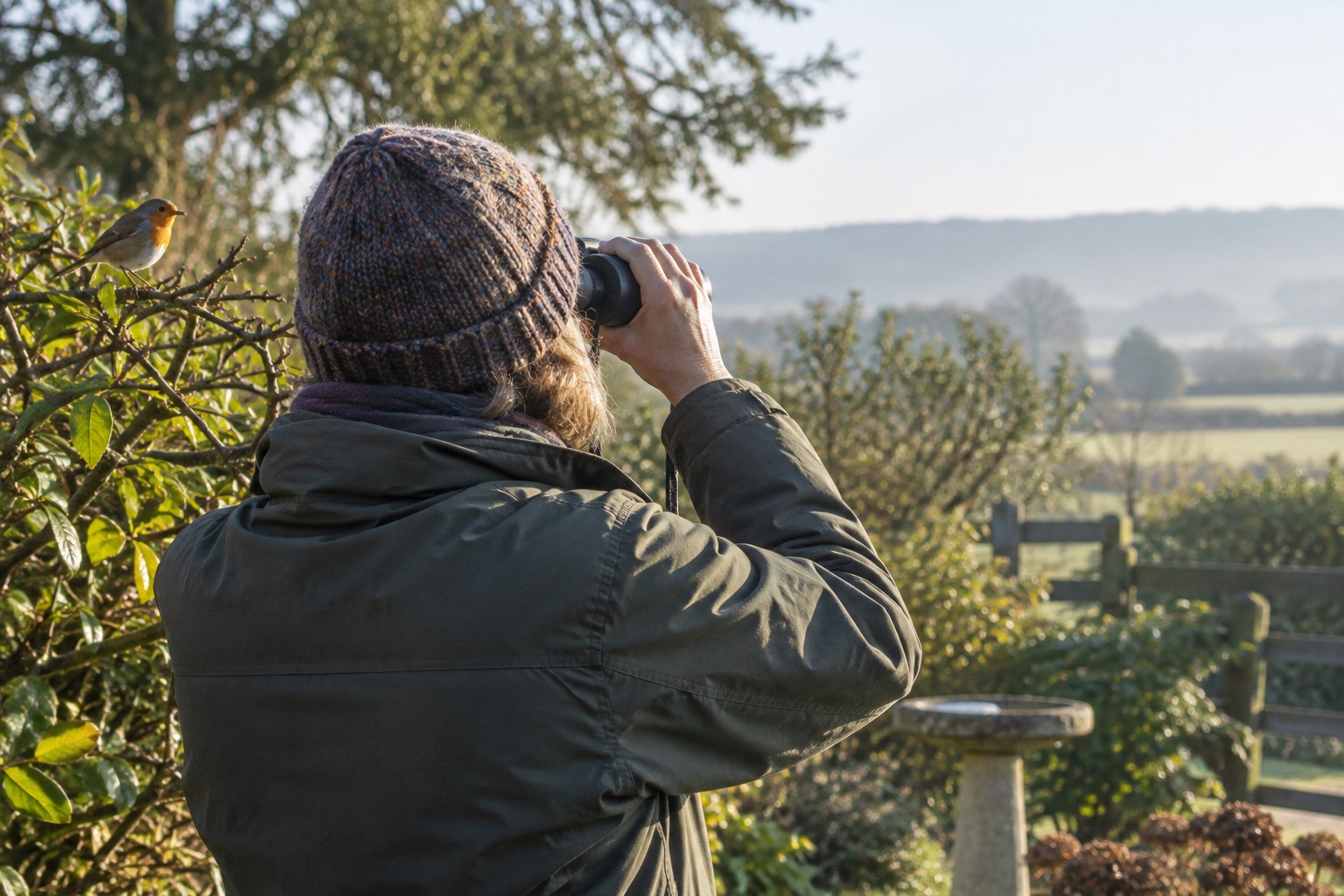Garden birdwatcher using an unbranded binocular beside a hedge