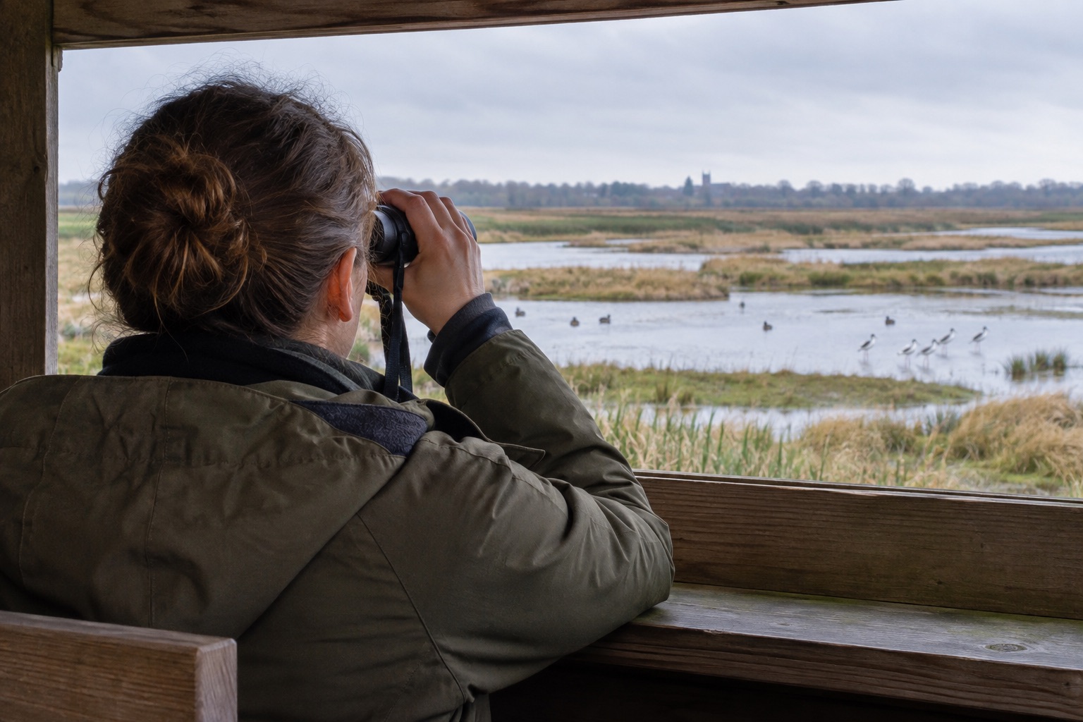 Birdwatcher using an unbranded binocular from a wetland hide