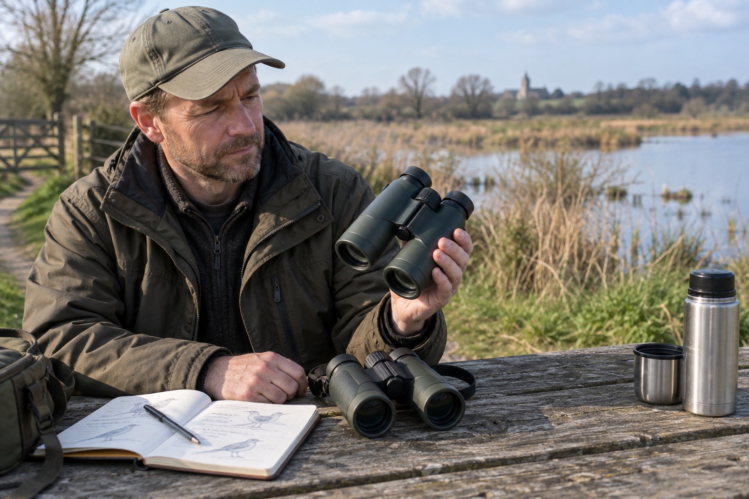 Two unbranded binoculars compared beside a wetland notebook
