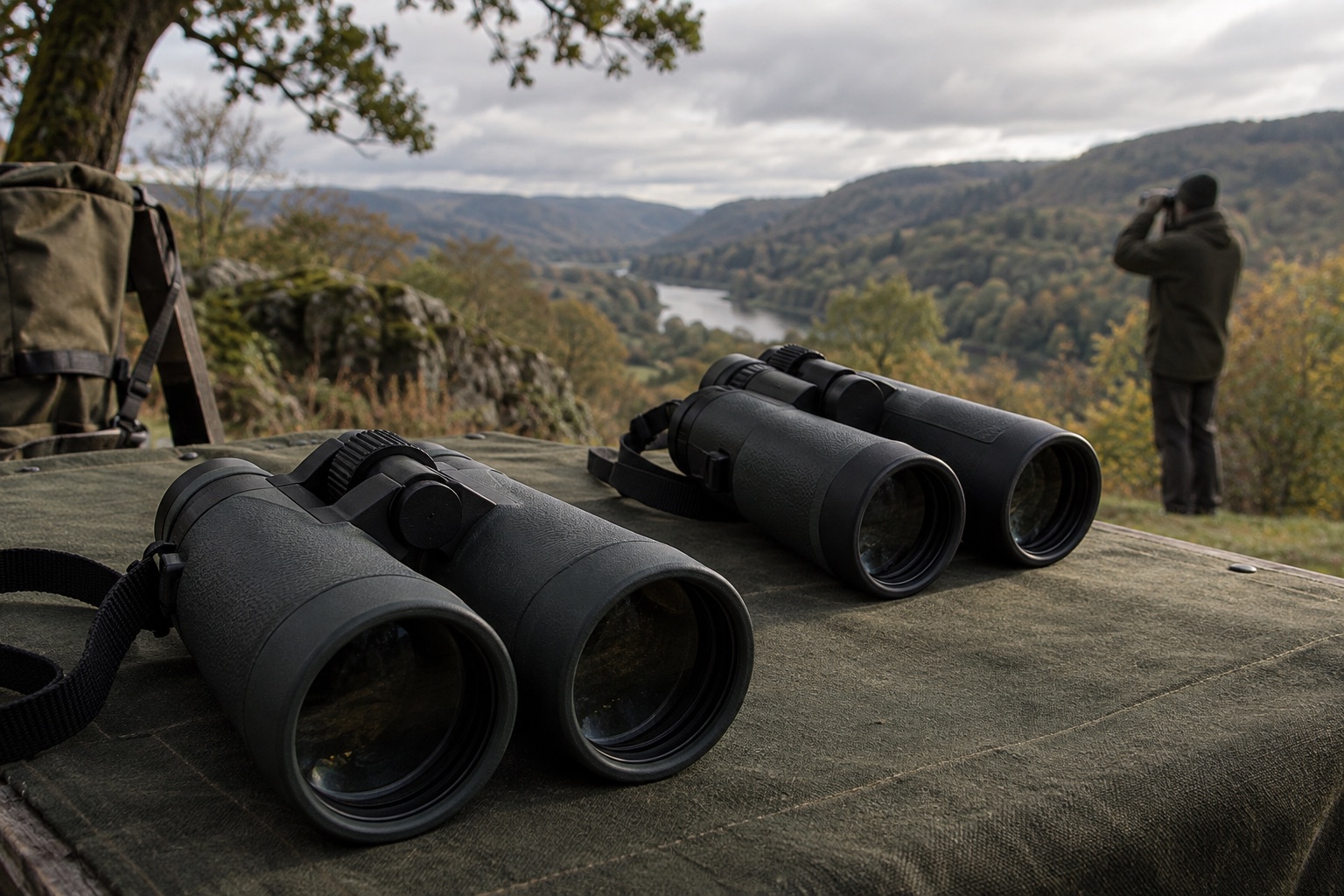 Two unbranded binoculars on a hide bench above a wooded valley
