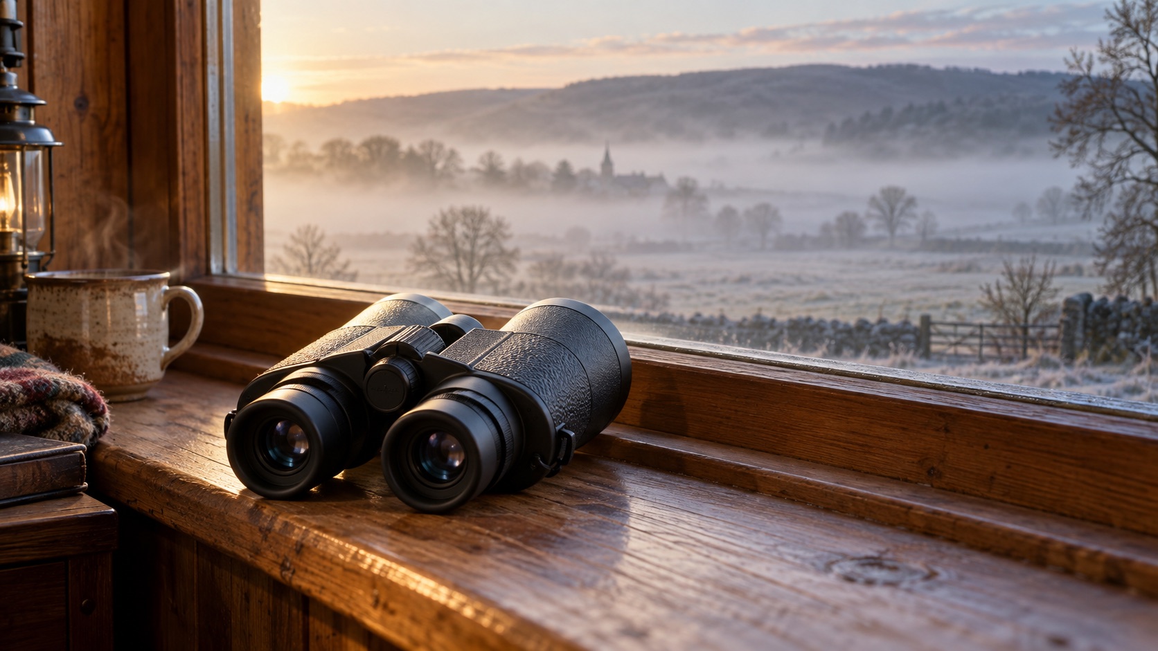 Binoculars on a warm windowsill overlooking a cold misty landscape
