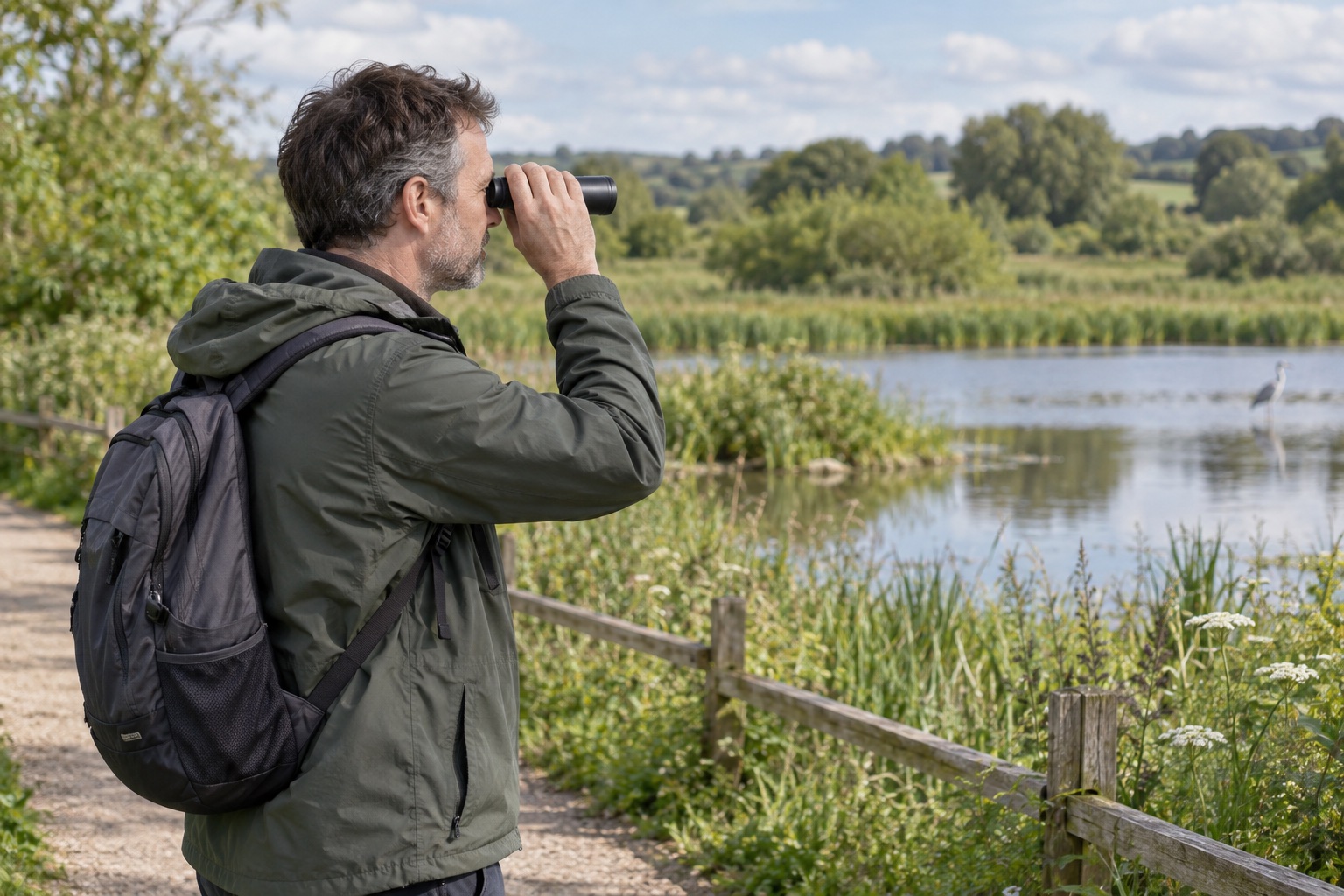 Observer holding a single-barrel monocular with one hand beside a level nature path