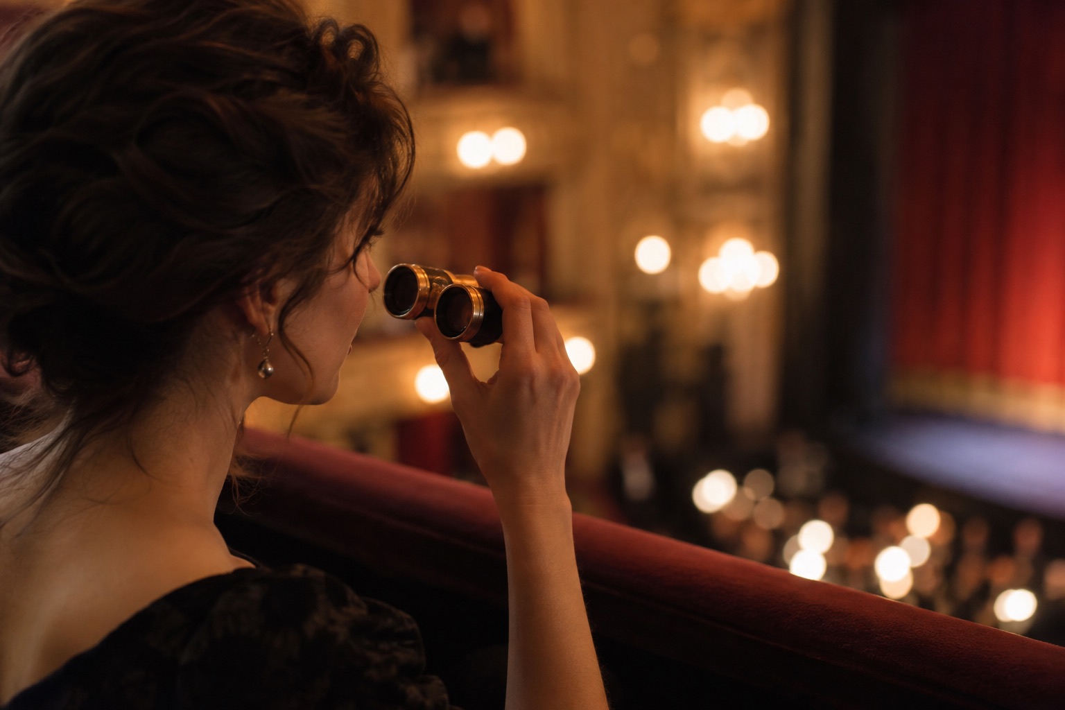 Theatre visitor holding unbranded low-power opera glasses from a balcony