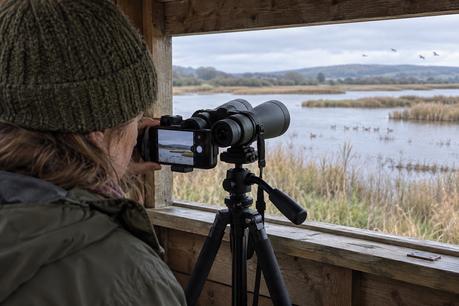 Observer positioning a phone behind one eyepiece of tripod-mounted binoculars in a hide