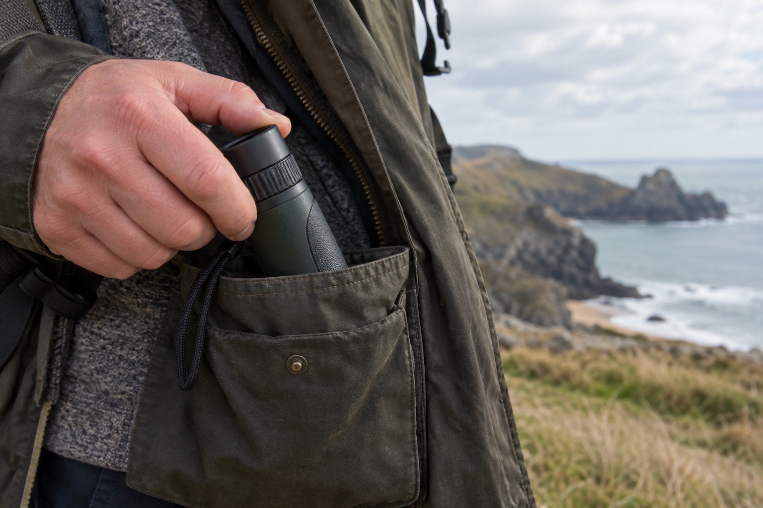 Small single-barrel monocular being placed in a walking-jacket pocket near the coast