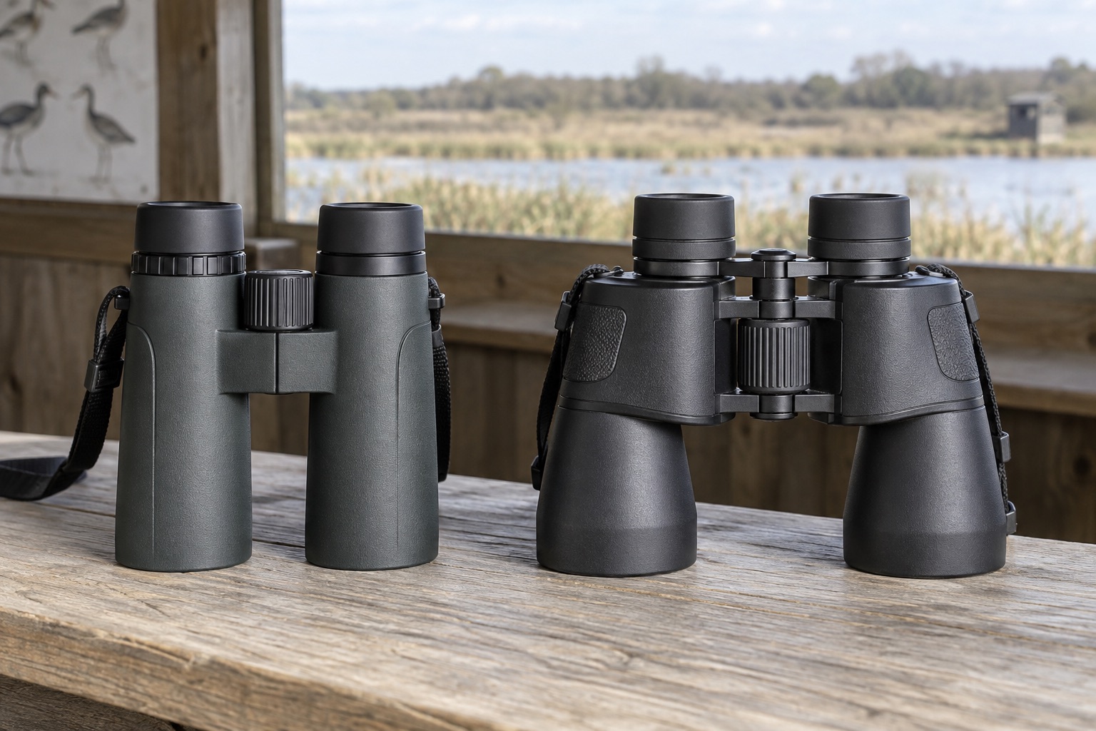 Straight-barrel roof and offset-barrel Porro binoculars side by side