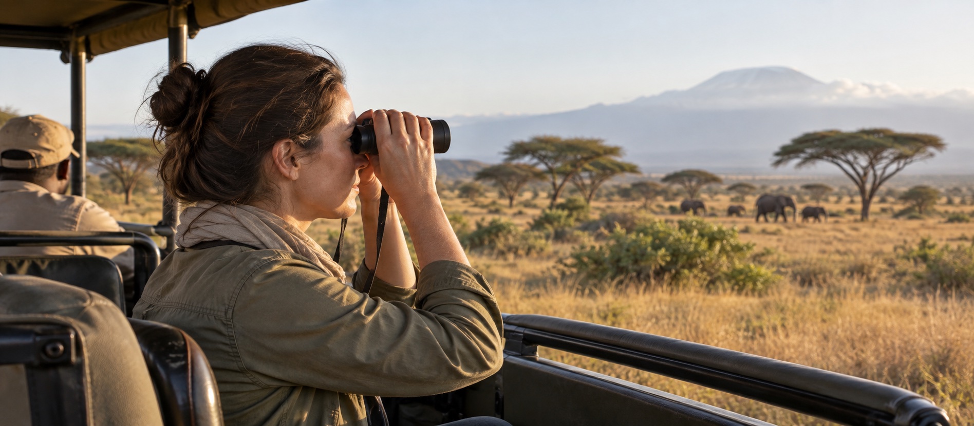 A seated traveller using binoculars to watch distant elephants from a safari vehicle