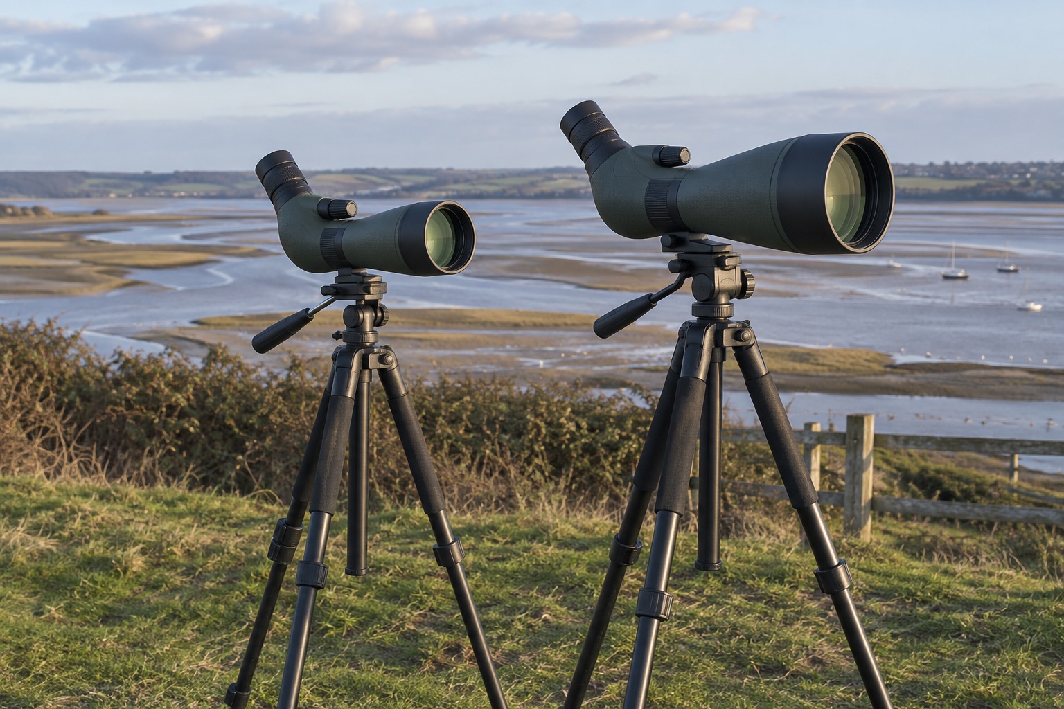 Two different-sized unbranded angled scopes on tripods above an estuary