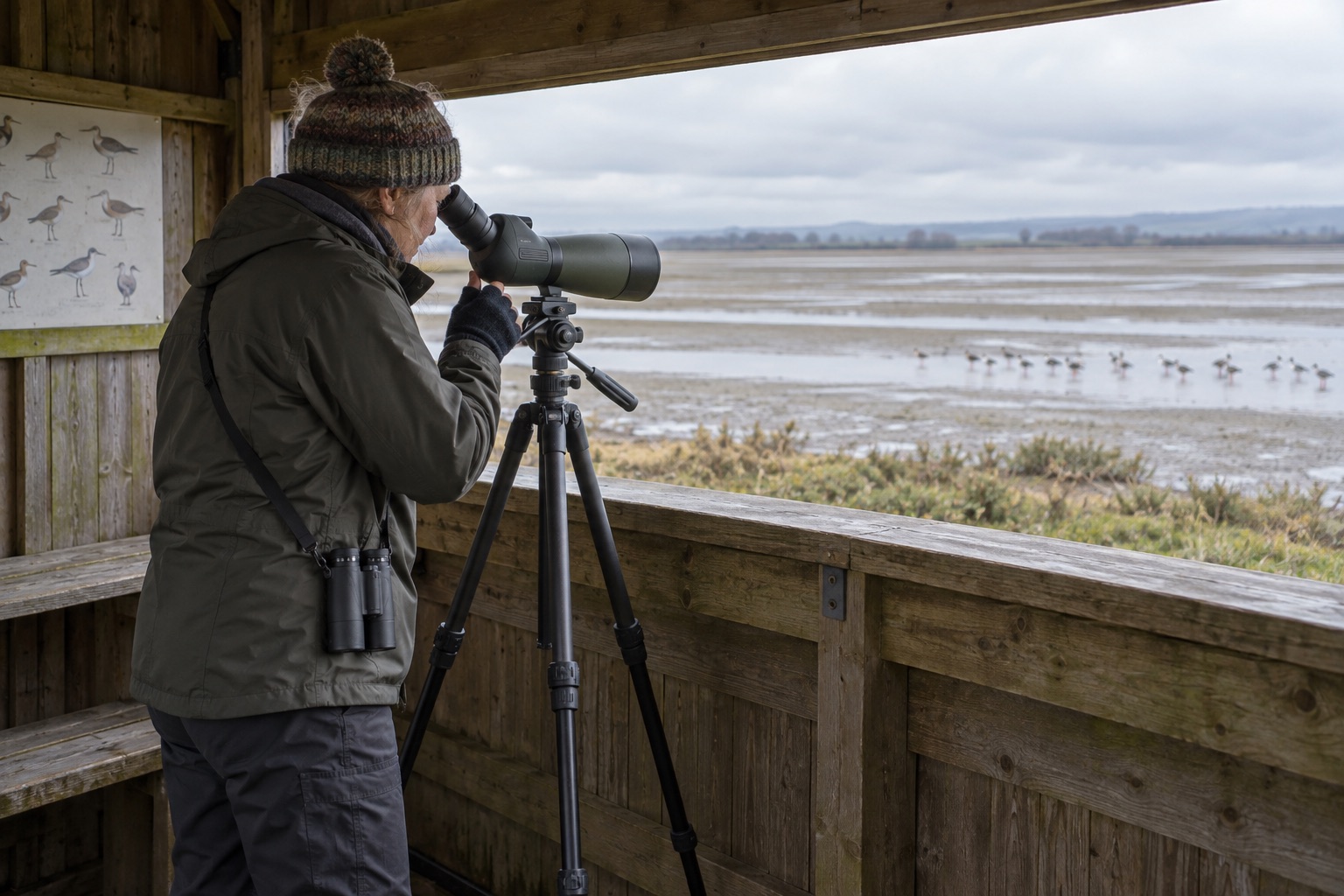 Birdwatcher using an unbranded angled spotting scope in a wetland hide
