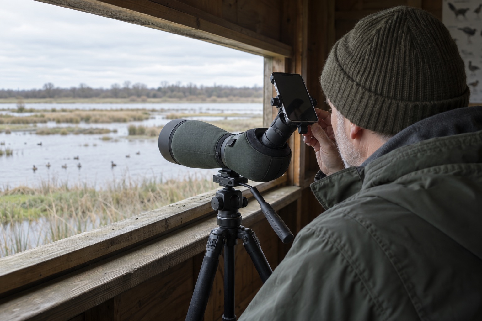 Birdwatcher using a phone adapter on a spotting scope inside a timber hide