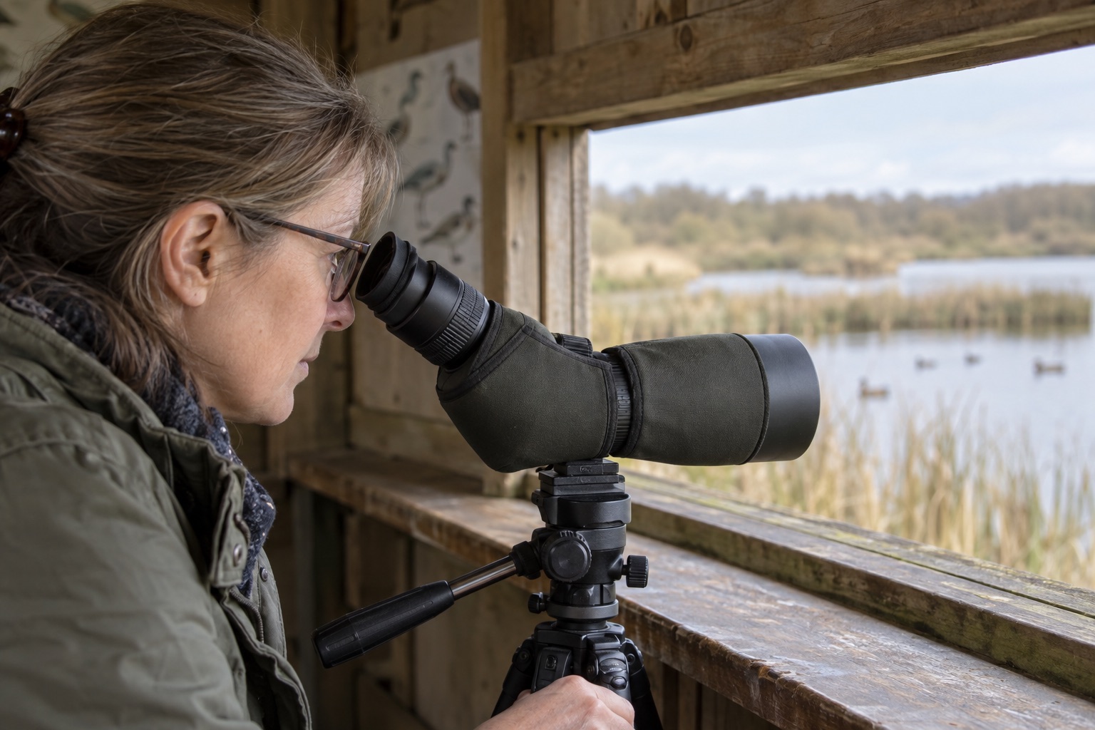 Glasses wearer checking the viewing position of an angled spotting scope