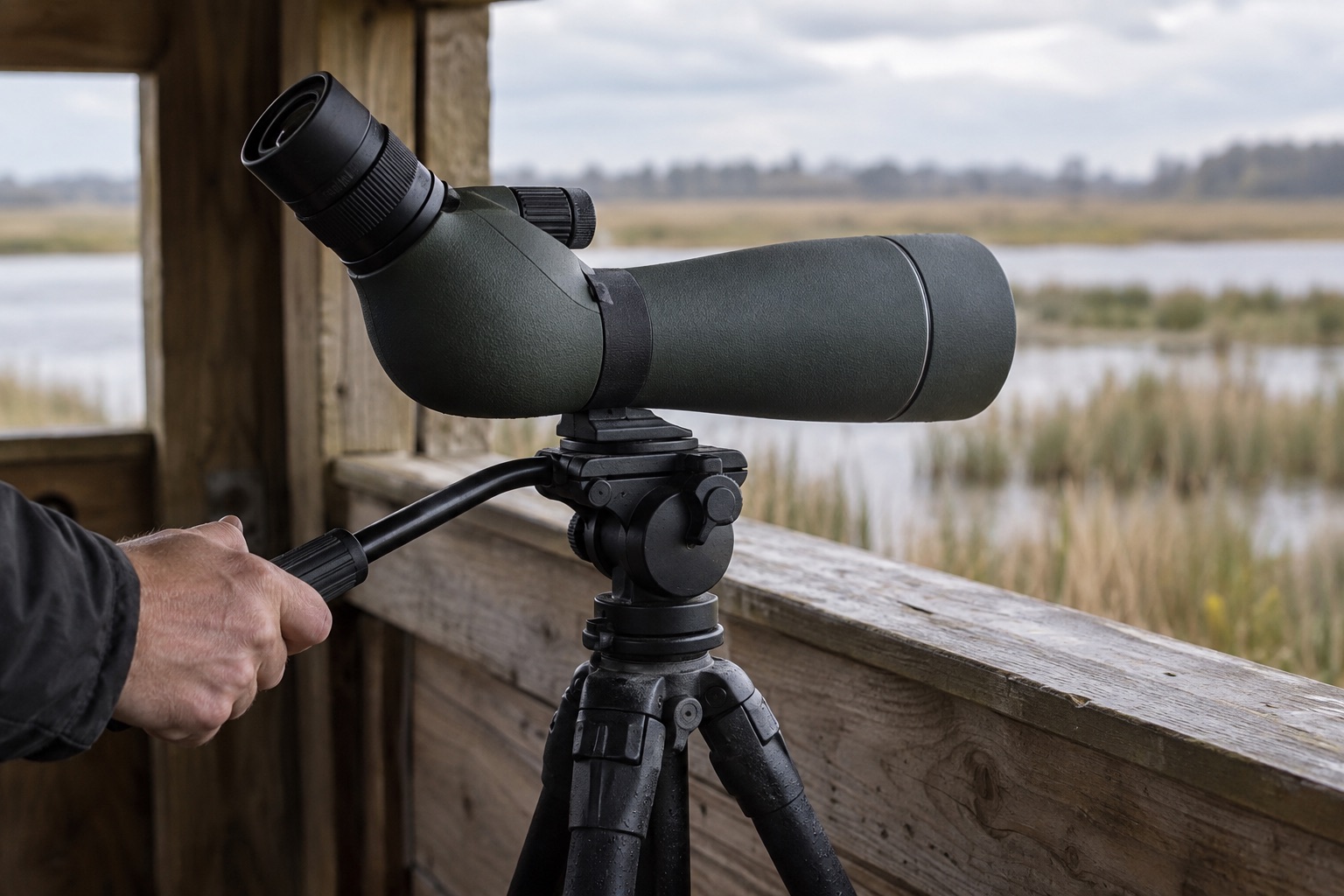 Close view of an unbranded fluid tripod head supporting an angled spotting scope