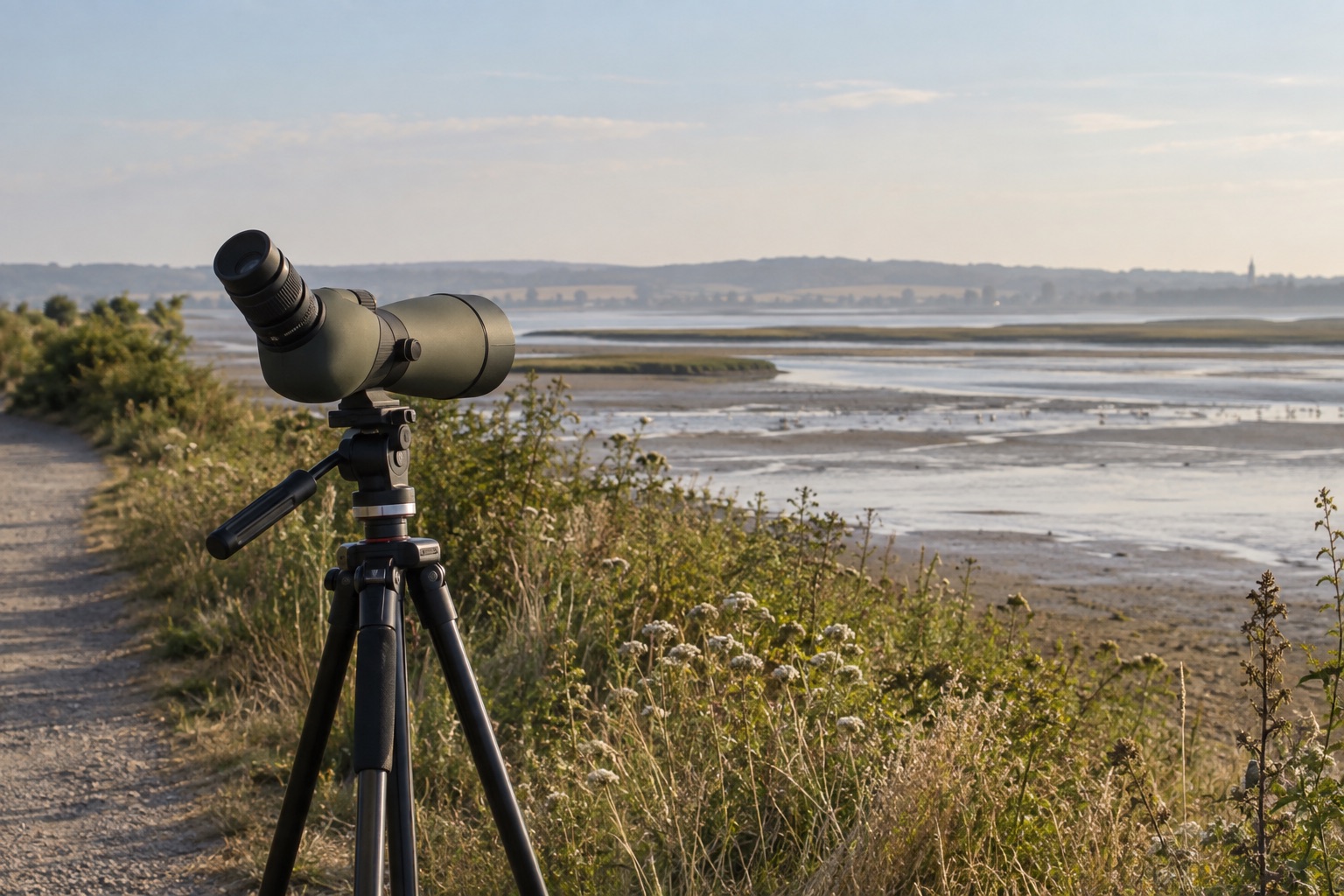 Spotting scope overlooking a sun-warmed estuary with distant air shimmer