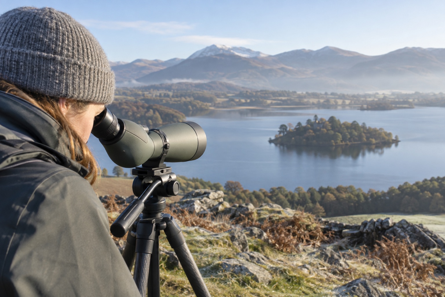 Angled spotting scope directed across a broad lake from a stable tripod
