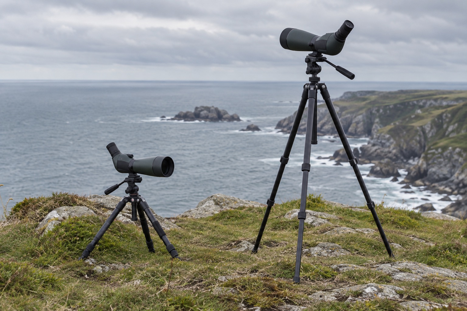 Two different unbranded spotting-scope tripod setups beside a wetland path