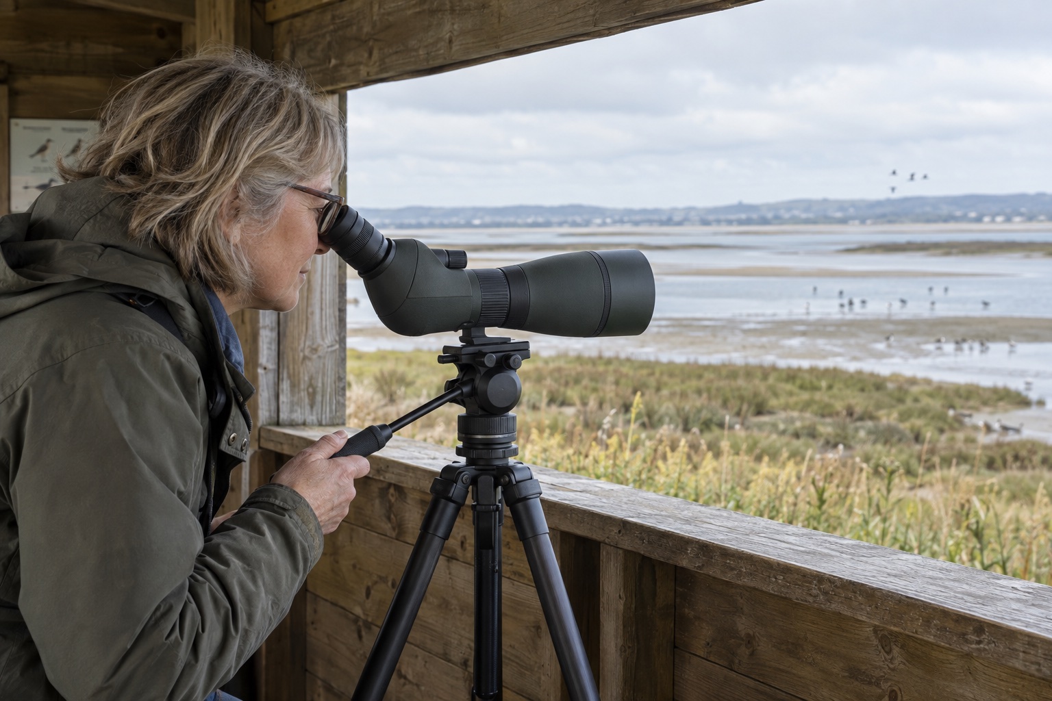 Glasses wearer using the rear eyepiece of an angled spotting scope in a wetland hide
