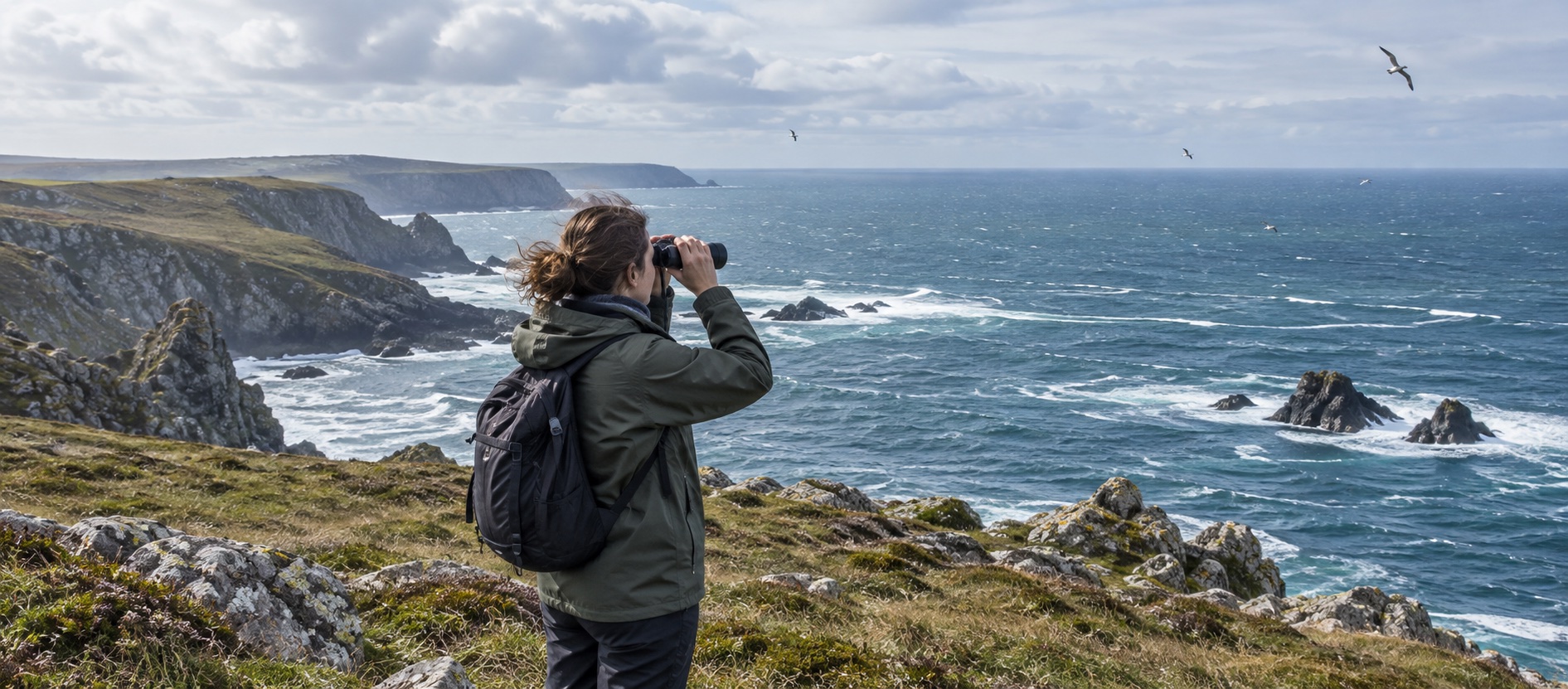 A land-based seabird watcher scanning open sea with binoculars from a safe headland