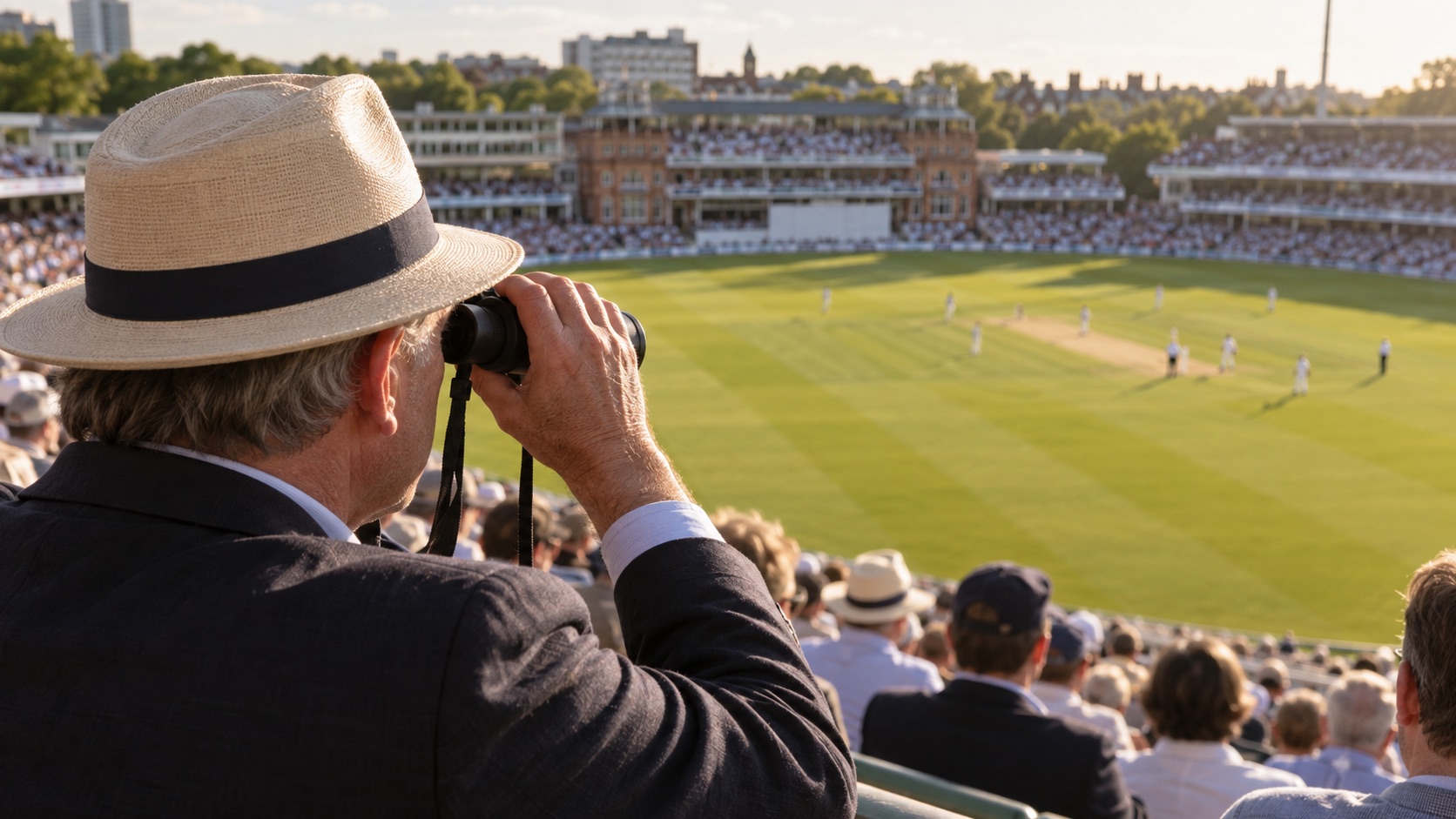 Spectator uses binoculars to follow play across a cricket ground