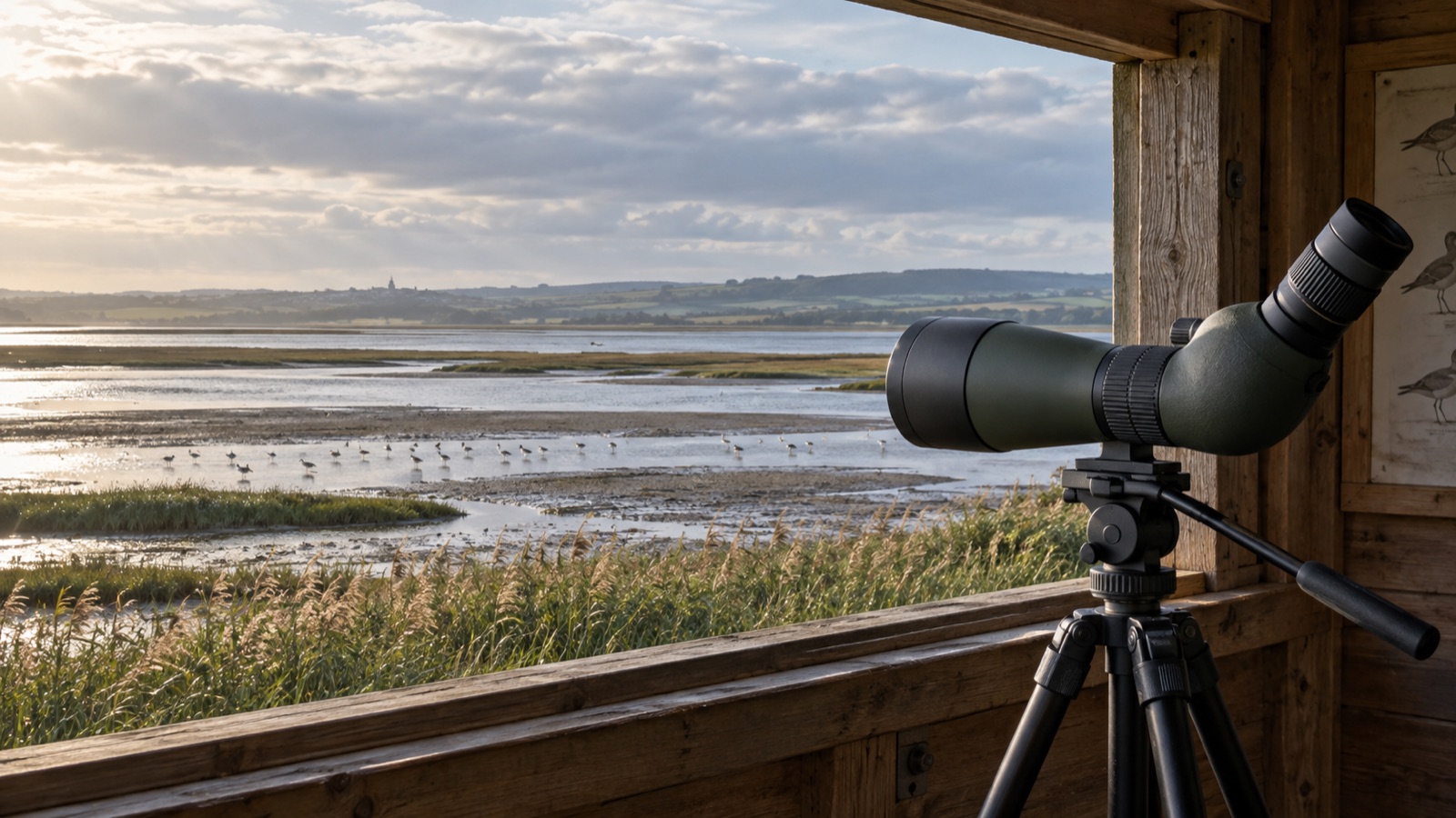 An angled spotting scope on a tripod looking across a British estuary from a bird hide