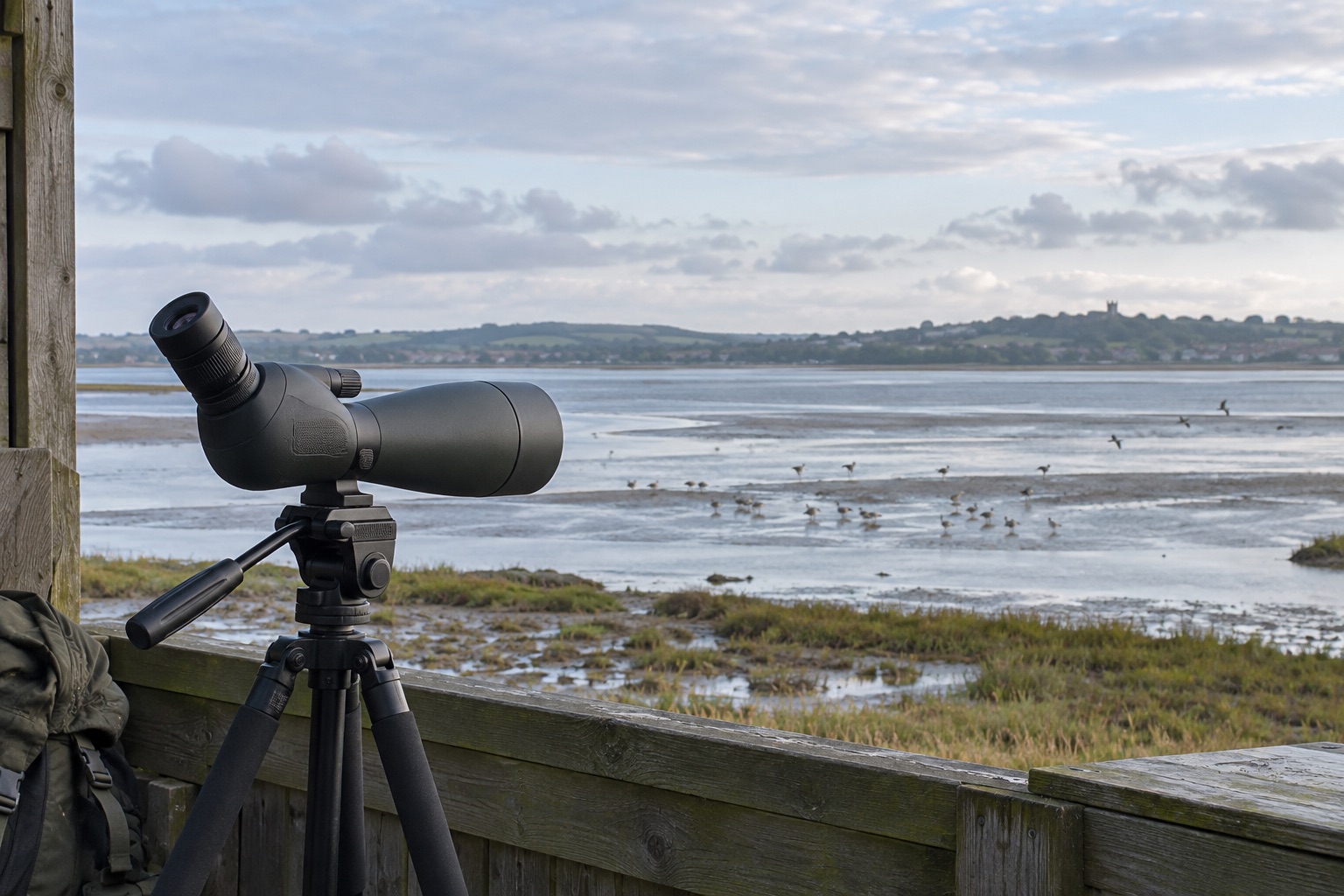 Angled spotting scope on a tripod overlooking a British tidal estuary