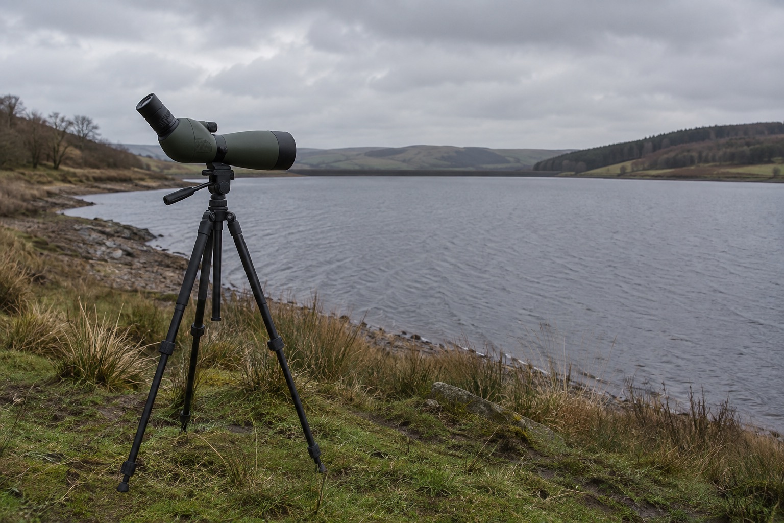 Unbranded angled spotting scope on a tripod beside a British reservoir