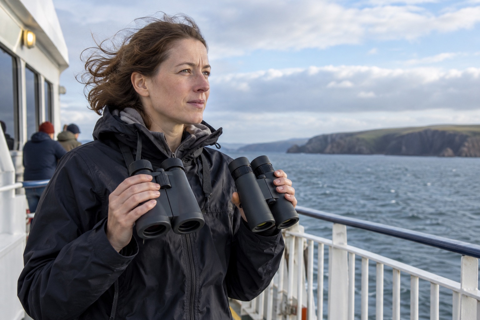 Ferry passenger comparing two unbranded binocular formats while safely stationary on deck