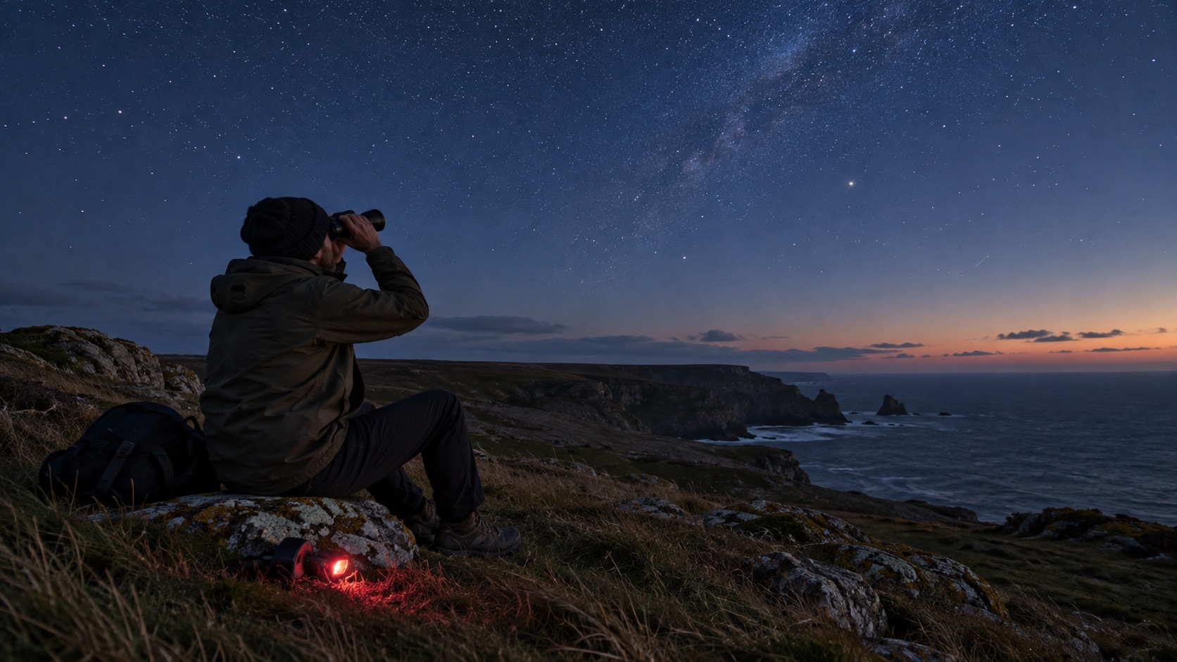 Observer using binoculars under the stars at a dark coastal headland