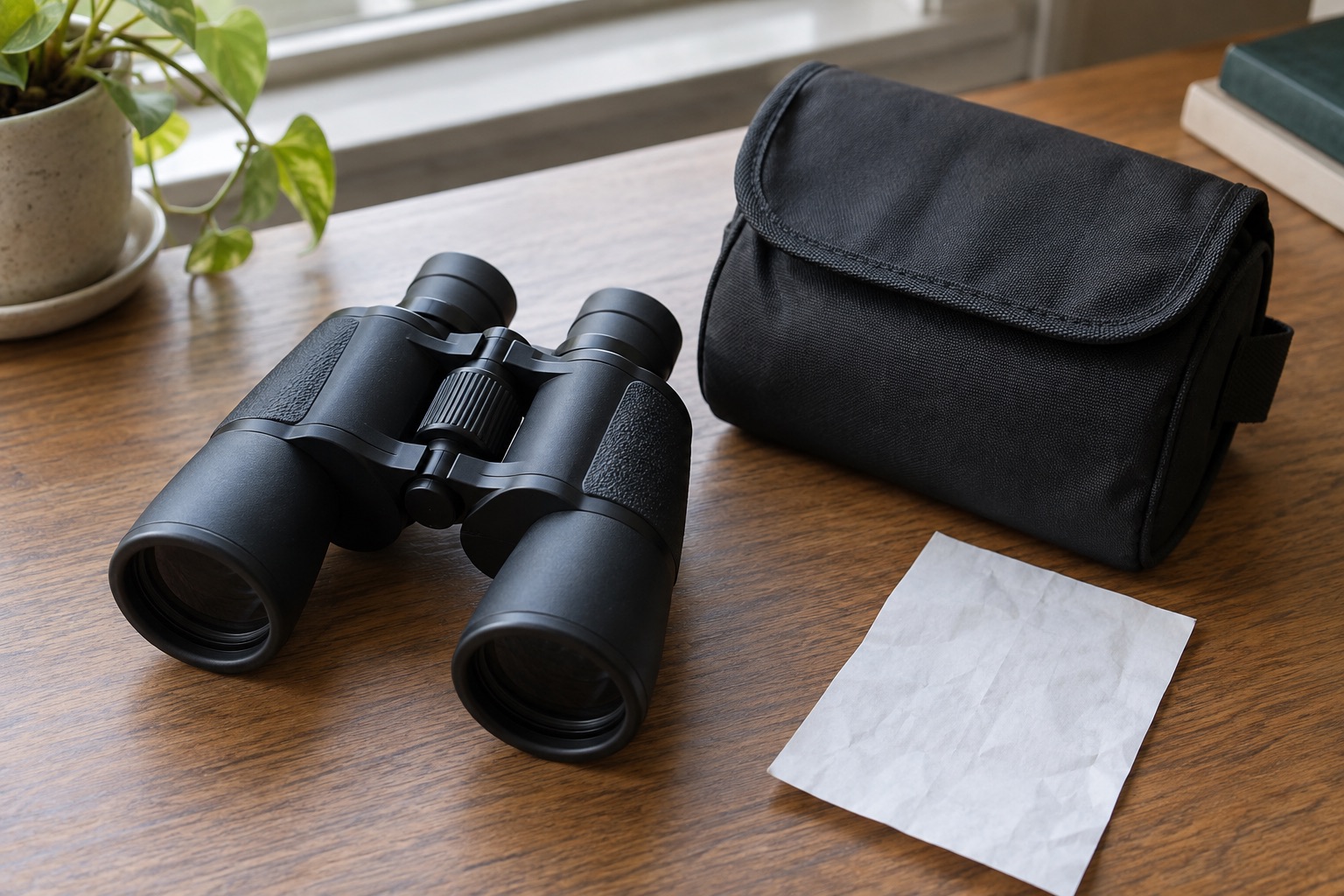 Unbranded binocular on a desk beside a case and blank receipt