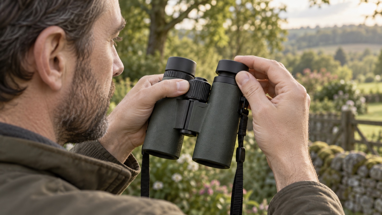 A person adjusting the focus and eyecup on unbranded binoculars outdoors