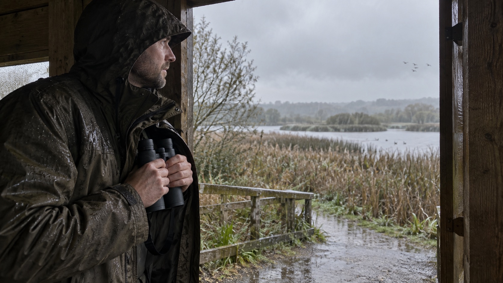Observer shelters binoculars at a rain-soaked bird hide