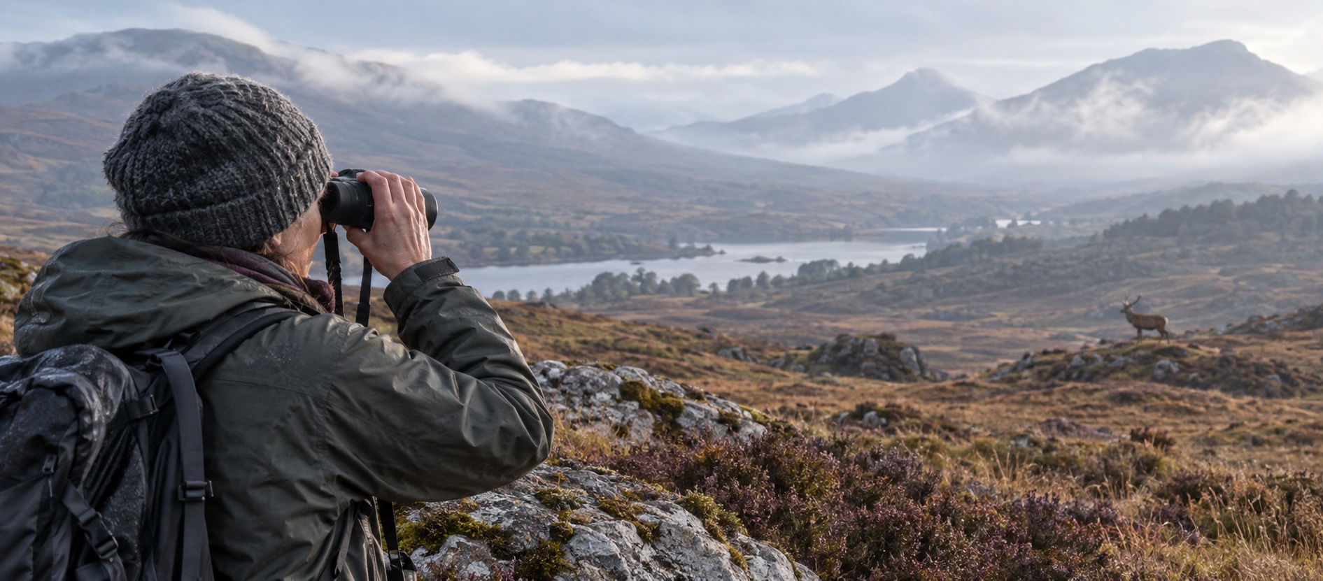 A wildlife watcher using binoculars to observe a distant red deer across British moorland